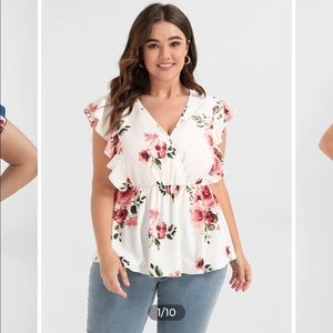 Floral Ruffles Elastic Waist V-Neck Blouse